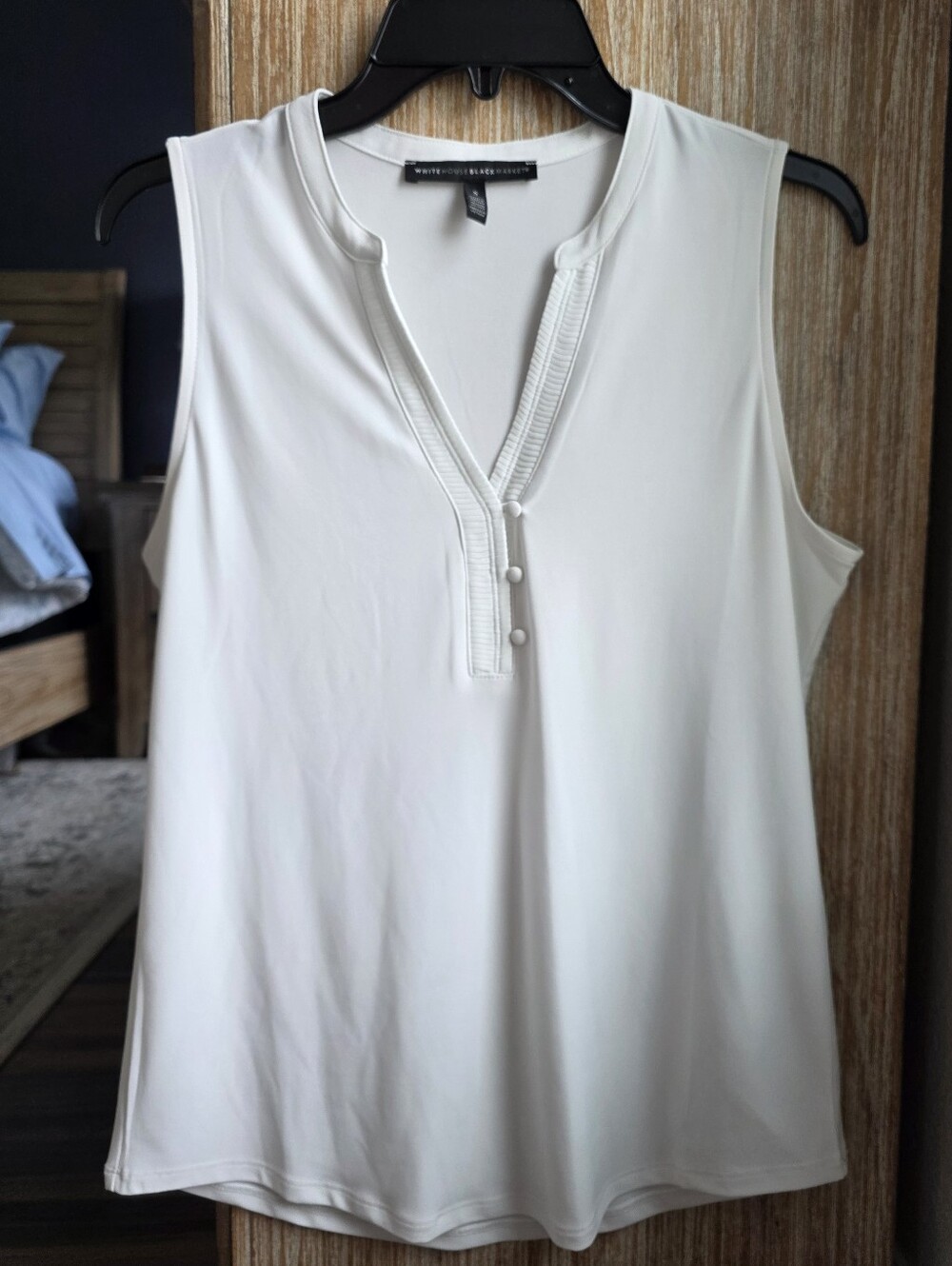 White House Black Market White Sleeveless V-Neck Button Trim Top